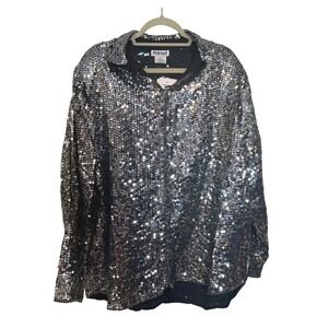 Vtg MARISOL Silver Sequin Button Up Shirt Jacket 3X Grunge Party Rave Disco NEW